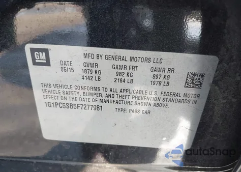 2015 Chevrolet Cruze 1Lt Auto из США, поврежденный, VIN 1G1PC5SB5F7277981